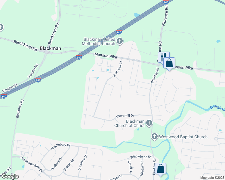 map of restaurants, bars, coffee shops, grocery stores, and more near Pender Court in Murfreesboro