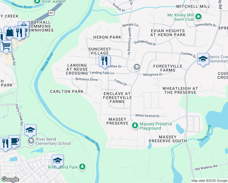 map of restaurants, bars, coffee shops, grocery stores, and more near 3805 Lodgepole Lane in Raleigh