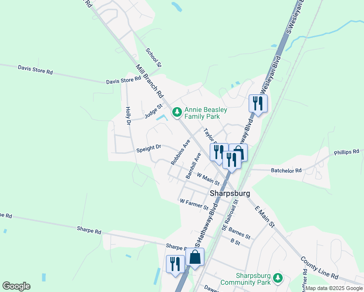 map of restaurants, bars, coffee shops, grocery stores, and more near 108 Robbins Avenue in Rocky Mount