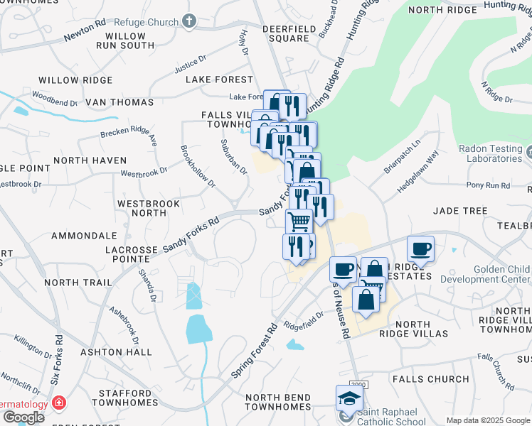 map of restaurants, bars, coffee shops, grocery stores, and more near 7011 Sandy Forks Road in Raleigh