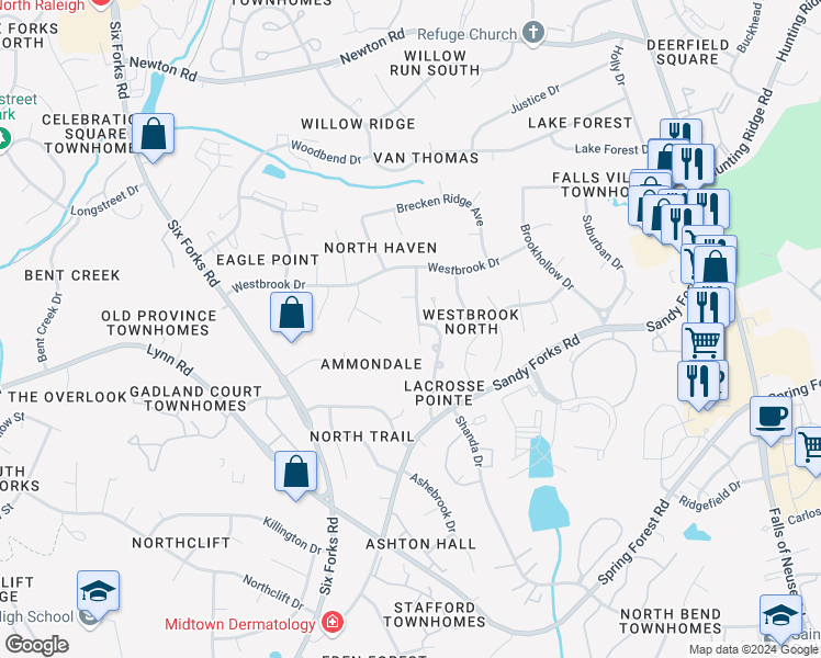 map of restaurants, bars, coffee shops, grocery stores, and more near 6605 Mountain Brook Lane in Raleigh