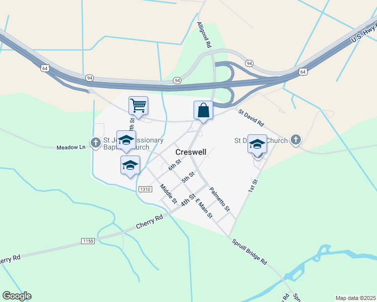 map of restaurants, bars, coffee shops, grocery stores, and more near State Road 1310 in Creswell