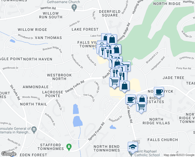 map of restaurants, bars, coffee shops, grocery stores, and more near 7011 Sandy Forks Road in Raleigh