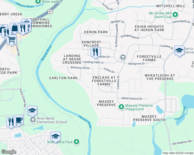 map of restaurants, bars, coffee shops, grocery stores, and more near 3737 Blue Blossom Drive in Raleigh