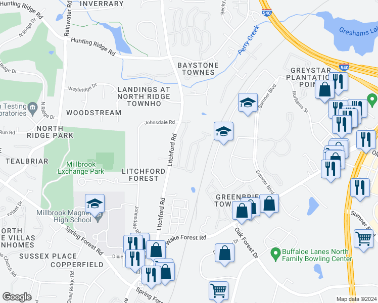 map of restaurants, bars, coffee shops, grocery stores, and more near 6621 Narrow Valley Way in Raleigh