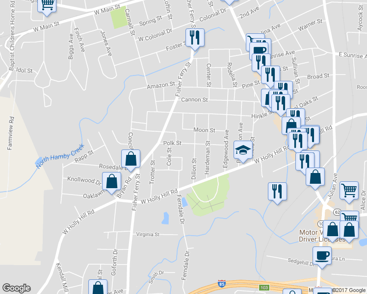 map of restaurants, bars, coffee shops, grocery stores, and more near 311 Polk Street in Thomasville
