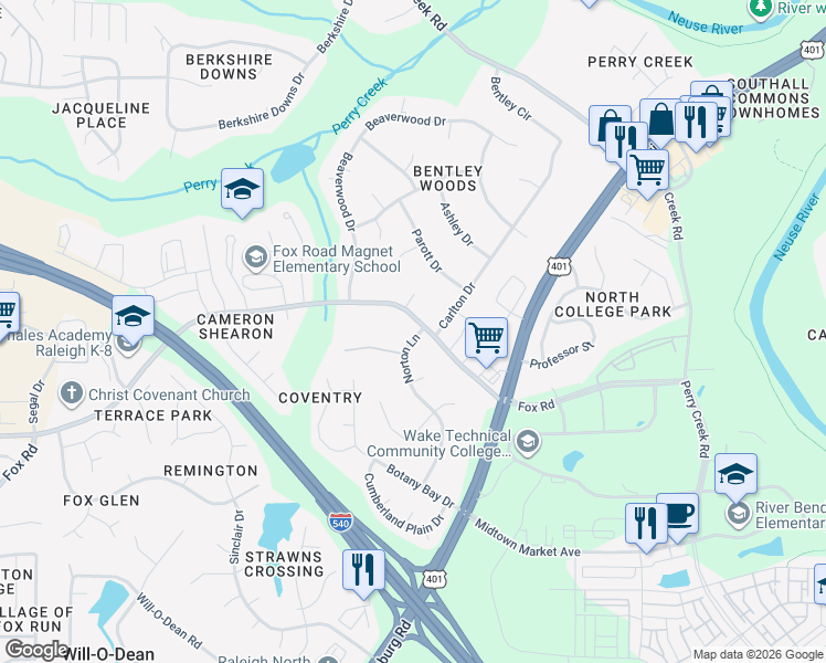 map of restaurants, bars, coffee shops, grocery stores, and more near 7404 Fox Road in Raleigh