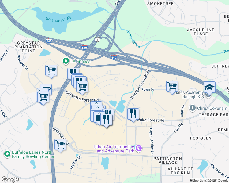 map of restaurants, bars, coffee shops, grocery stores, and more near 6345 Andante Avenue in Raleigh