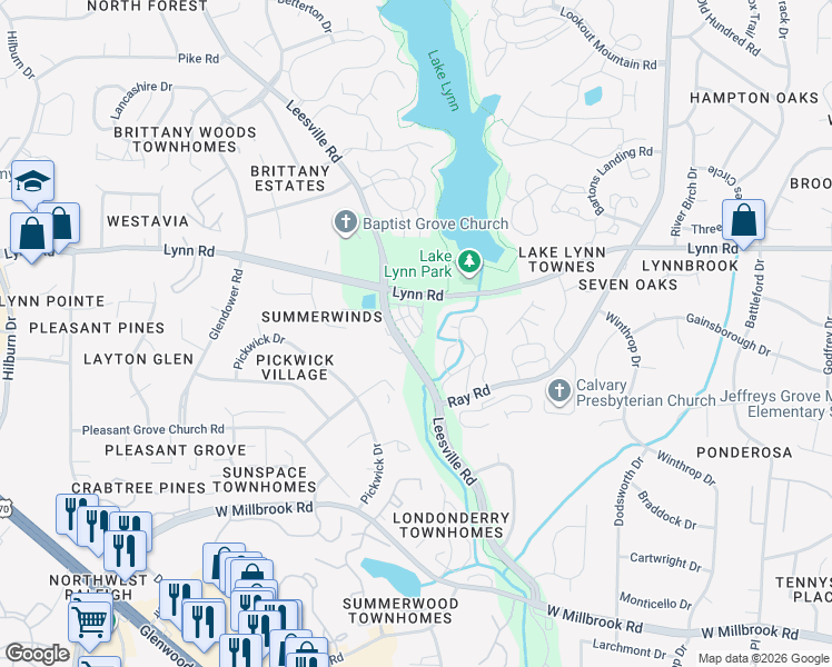 map of restaurants, bars, coffee shops, grocery stores, and more near 201 Broad Leaf Circle in Raleigh