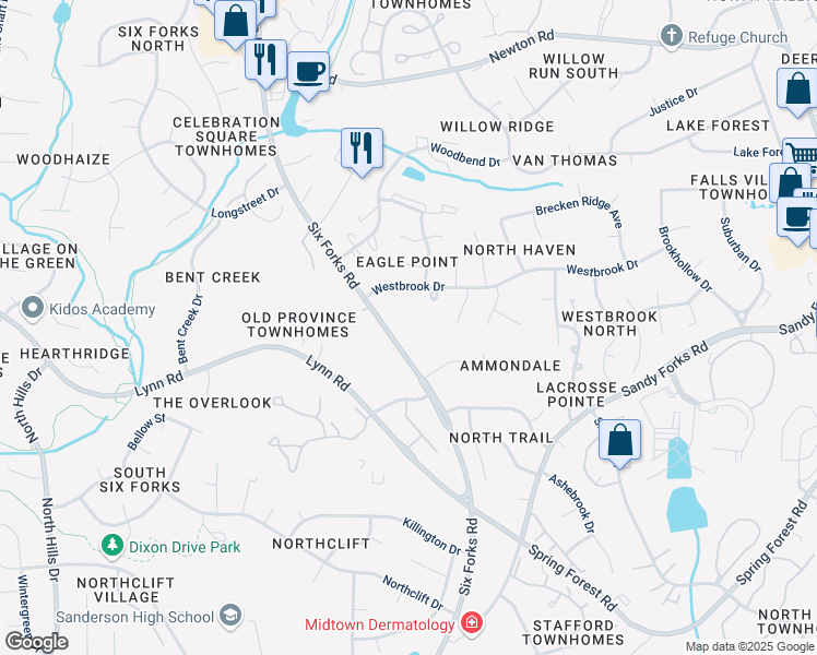 map of restaurants, bars, coffee shops, grocery stores, and more near 6612 Six Forks Road in Raleigh