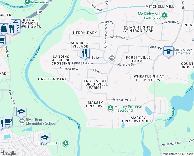 map of restaurants, bars, coffee shops, grocery stores, and more near 3836 Toyon Drive in Raleigh