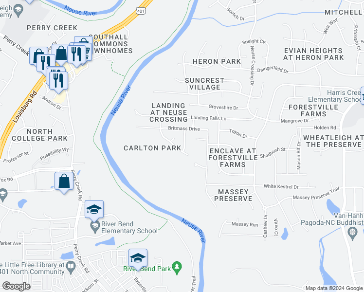 map of restaurants, bars, coffee shops, grocery stores, and more near 3713 Nicolyn Drive in Raleigh