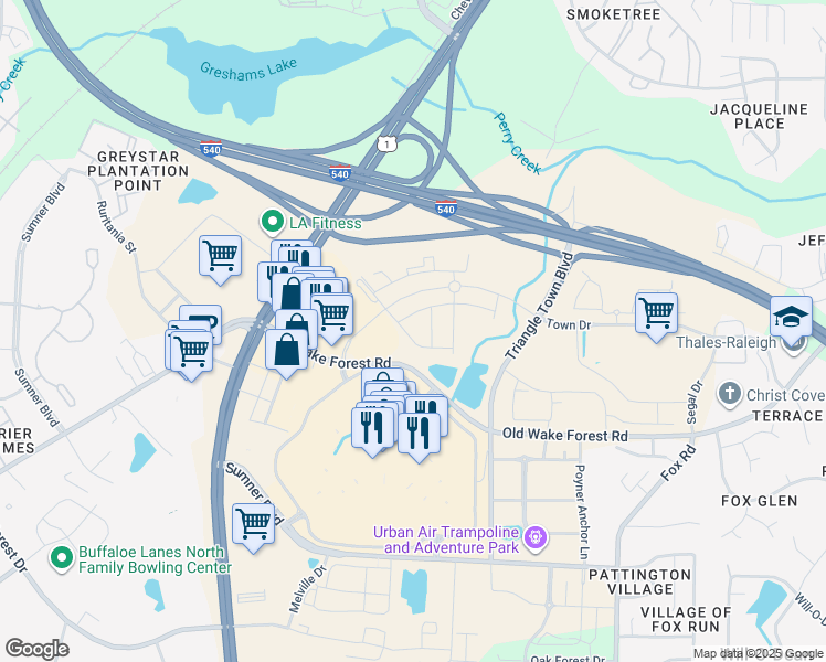 map of restaurants, bars, coffee shops, grocery stores, and more near 6510 Tremolo Trail in Raleigh