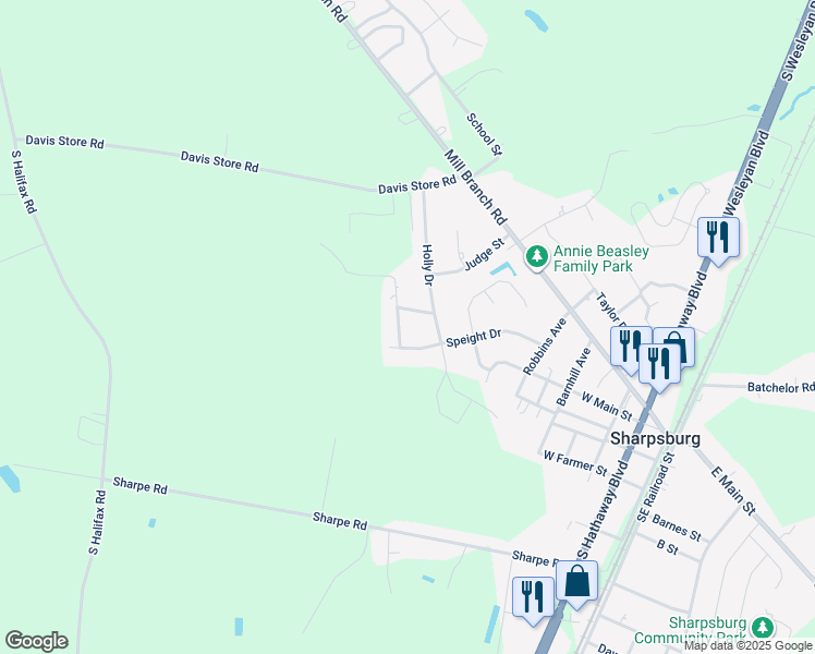 map of restaurants, bars, coffee shops, grocery stores, and more near 201 Oak Forest Drive Northwest in Rocky Mount