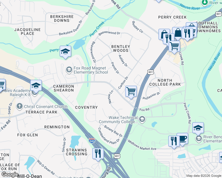 map of restaurants, bars, coffee shops, grocery stores, and more near 7404 Fox Road in Raleigh