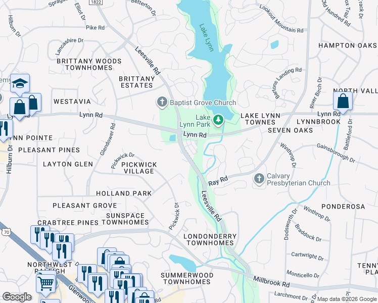 map of restaurants, bars, coffee shops, grocery stores, and more near 6925 Leesville Road in Raleigh