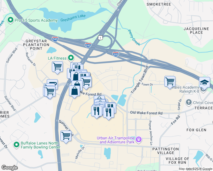 map of restaurants, bars, coffee shops, grocery stores, and more near 6510 Tremolo Trail in Raleigh