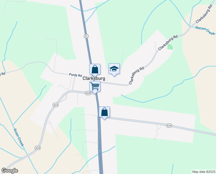 map of restaurants, bars, coffee shops, grocery stores, and more near 145 Clarksburg Road in Huntingdon