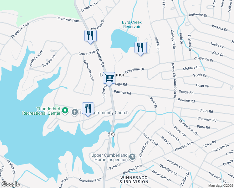 map of restaurants, bars, coffee shops, grocery stores, and more near 5011 Pawnee Road in Crossville