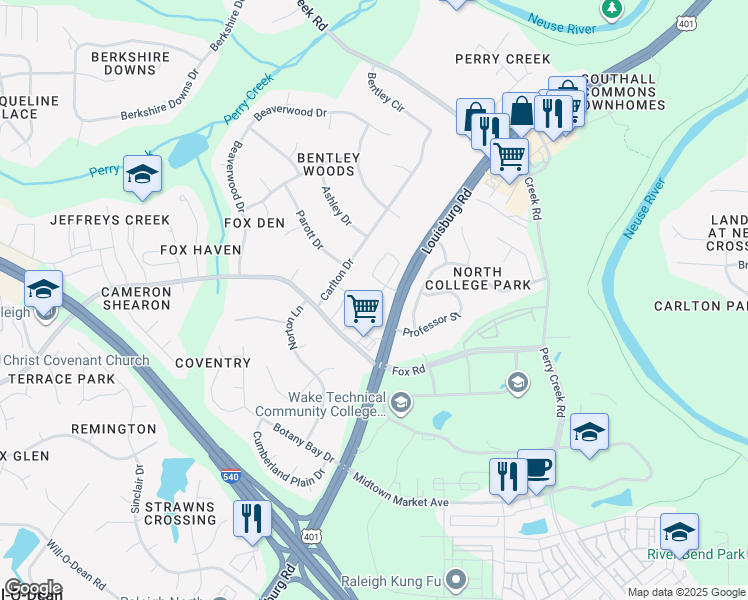 map of restaurants, bars, coffee shops, grocery stores, and more near 7001 Louisburg Road in Raleigh