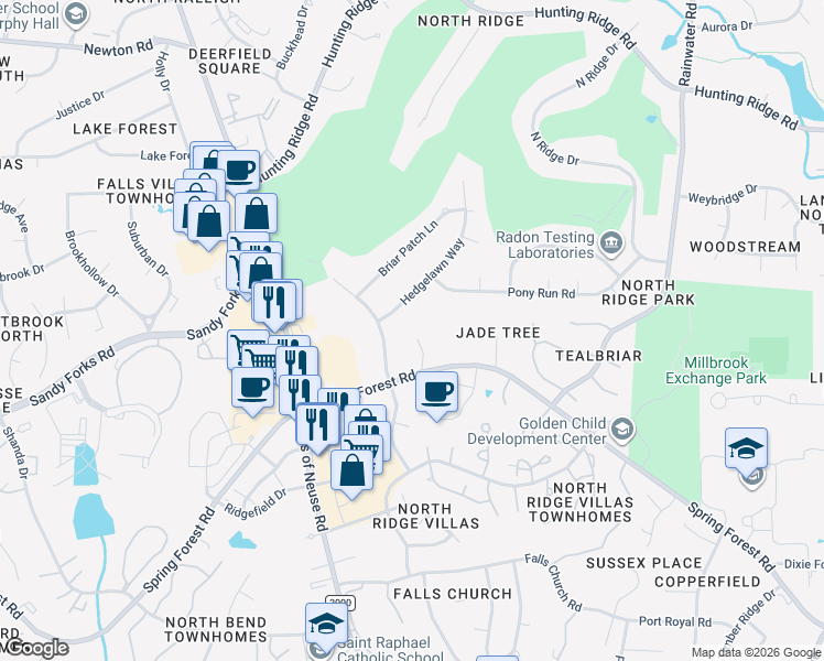 map of restaurants, bars, coffee shops, grocery stores, and more near 1208 Hedgelawn Way in Raleigh