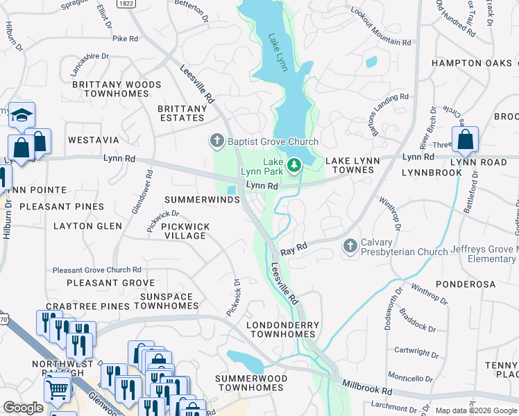 map of restaurants, bars, coffee shops, grocery stores, and more near 6925 Leesville Road in Raleigh