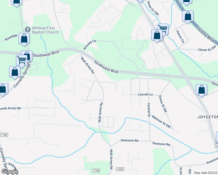 map of restaurants, bars, coffee shops, grocery stores, and more near 2015 Walt Arney Road in Lenoir