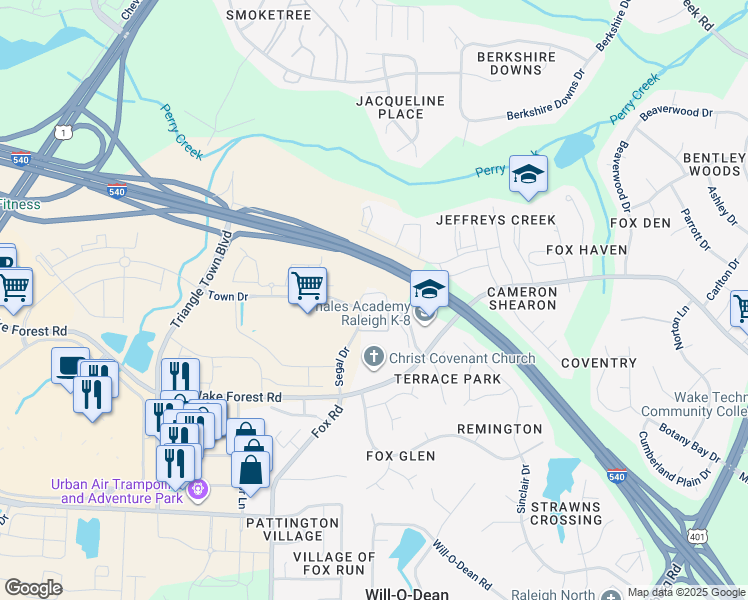 map of restaurants, bars, coffee shops, grocery stores, and more near 6350 Bergot Street in Raleigh