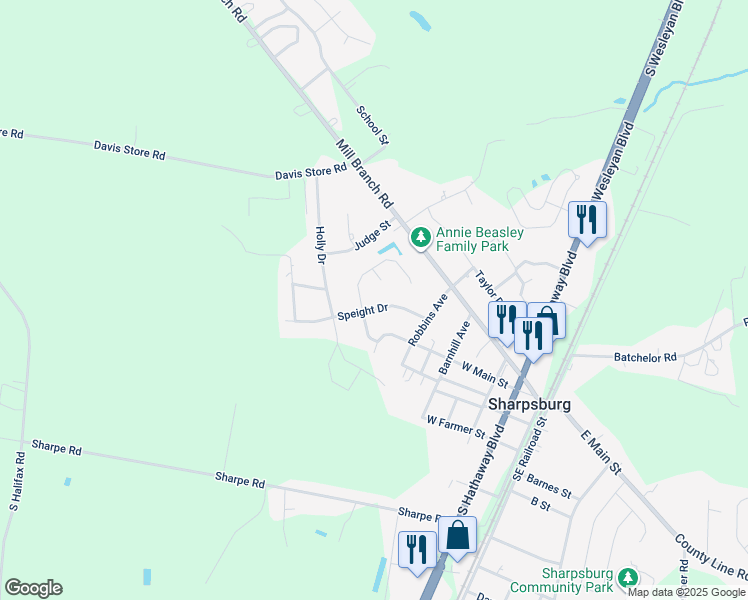 map of restaurants, bars, coffee shops, grocery stores, and more near 624 Speight Drive in Rocky Mount