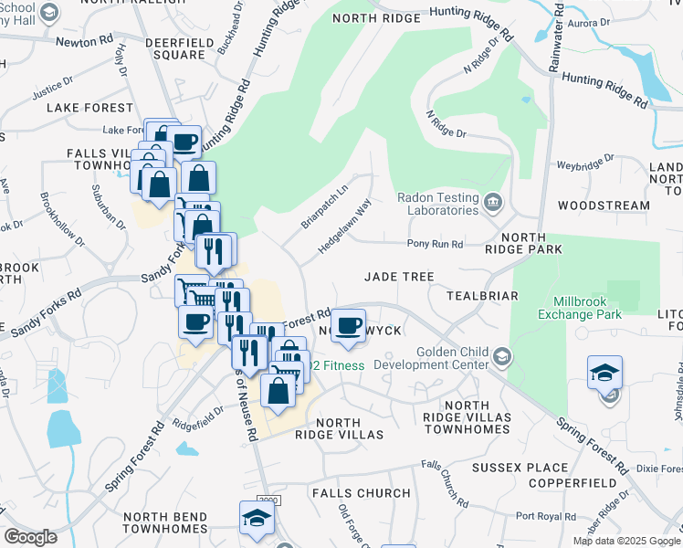 map of restaurants, bars, coffee shops, grocery stores, and more near 6316 Stephens Ridge Court in Raleigh