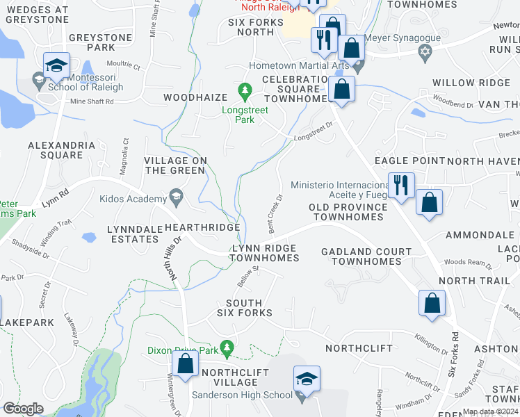 map of restaurants, bars, coffee shops, grocery stores, and more near 6522 English Oaks Drive in Raleigh