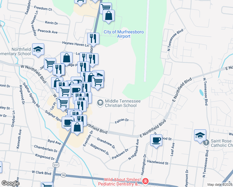 map of restaurants, bars, coffee shops, grocery stores, and more near 202 MTCS Road in Murfreesboro