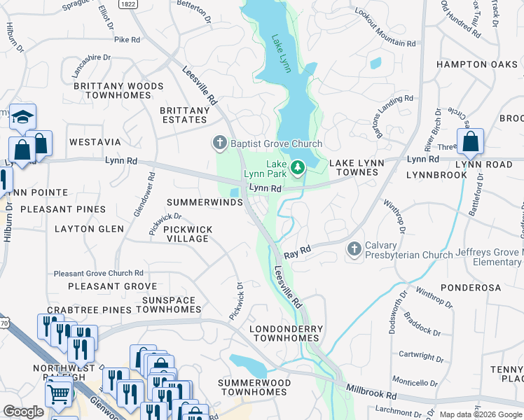 map of restaurants, bars, coffee shops, grocery stores, and more near 6925 Leesville Road in Raleigh