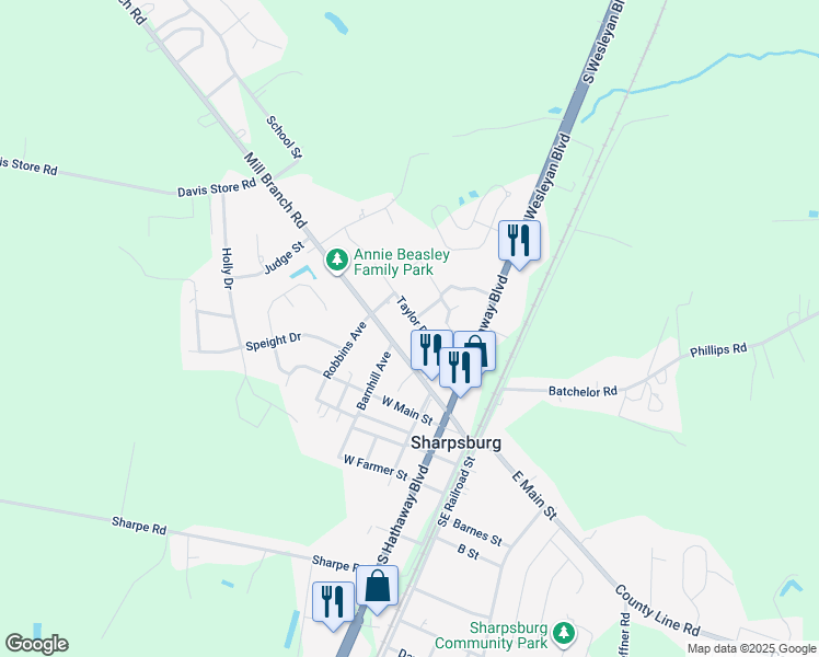 map of restaurants, bars, coffee shops, grocery stores, and more near 413 Taylor Drive in Rocky Mount