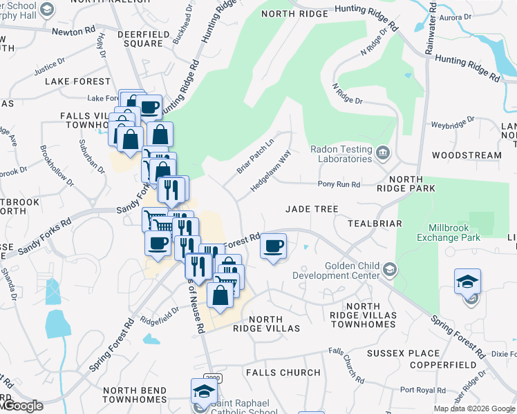 map of restaurants, bars, coffee shops, grocery stores, and more near 1208 Hedgelawn Way in Raleigh