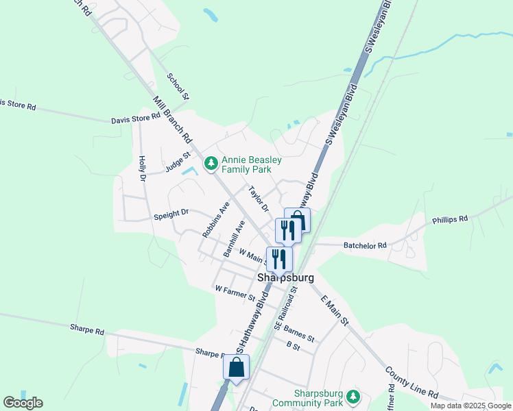 map of restaurants, bars, coffee shops, grocery stores, and more near 413 Taylor Drive in Rocky Mount