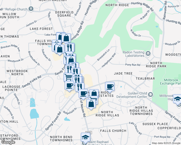 map of restaurants, bars, coffee shops, grocery stores, and more near 6419 New Market Way in Raleigh