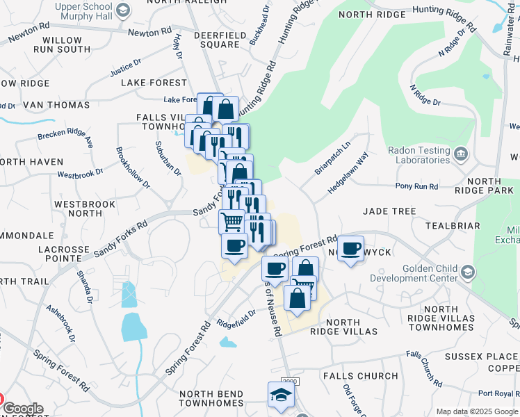map of restaurants, bars, coffee shops, grocery stores, and more near 6357 New Market Way in Raleigh