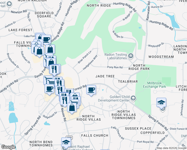 map of restaurants, bars, coffee shops, grocery stores, and more near 1309 Spring Forest Road in Raleigh