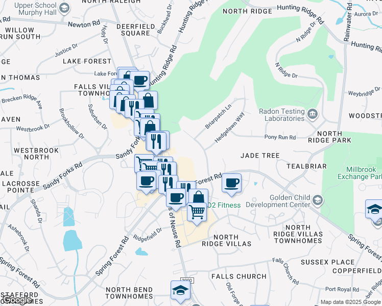 map of restaurants, bars, coffee shops, grocery stores, and more near 6419 New Market Way in Raleigh