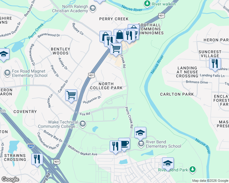 map of restaurants, bars, coffee shops, grocery stores, and more near 6708 Virgilia Court in Raleigh