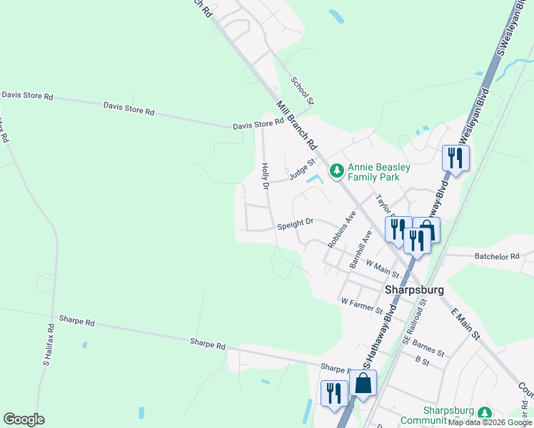 map of restaurants, bars, coffee shops, grocery stores, and more near 809-811 Creekside Drive in Rocky Mount