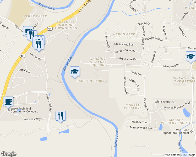 map of restaurants, bars, coffee shops, grocery stores, and more near 3636 Landshire View Lane in Raleigh
