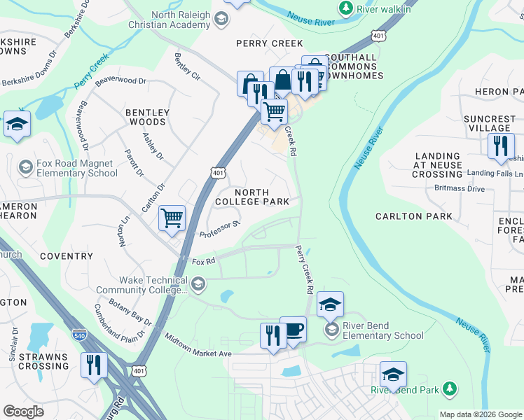 map of restaurants, bars, coffee shops, grocery stores, and more near 6708 Virgilia Court in Raleigh