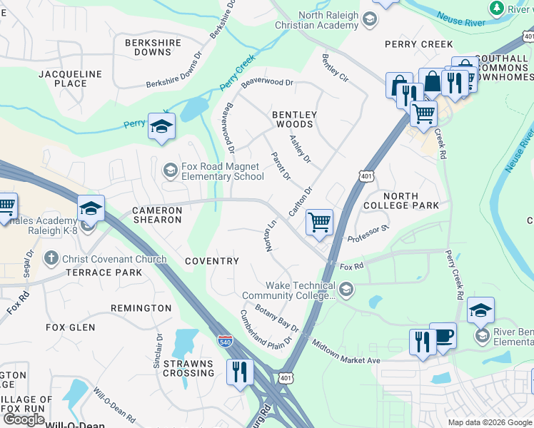 map of restaurants, bars, coffee shops, grocery stores, and more near 7404 Fox Road in Raleigh