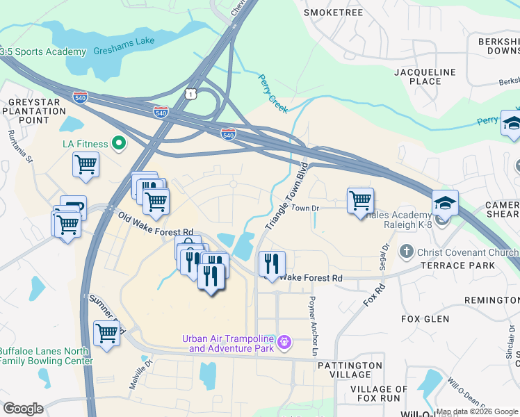 map of restaurants, bars, coffee shops, grocery stores, and more near 7651 Old Wake Forest Road in Raleigh