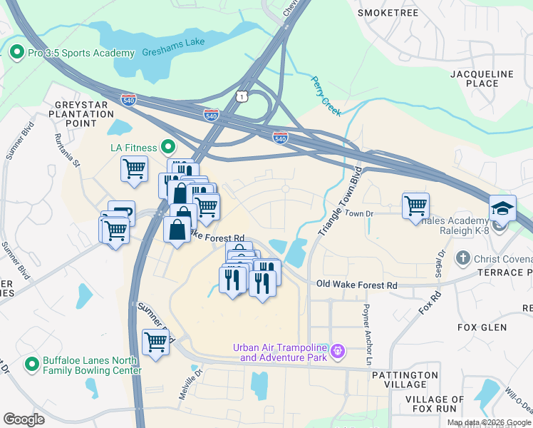 map of restaurants, bars, coffee shops, grocery stores, and more near 6510 Tremolo Trail in Raleigh