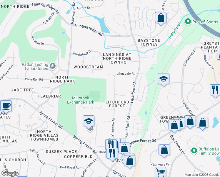 map of restaurants, bars, coffee shops, grocery stores, and more near 6615 Johnsdale Road in Raleigh