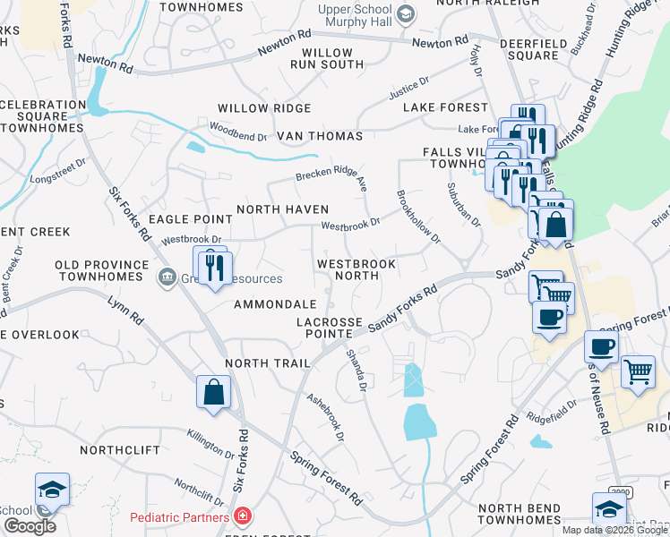 map of restaurants, bars, coffee shops, grocery stores, and more near 6708 Pointe Vista Circle in Raleigh