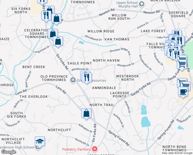 map of restaurants, bars, coffee shops, grocery stores, and more near 6612 Vancouver Lane in Raleigh